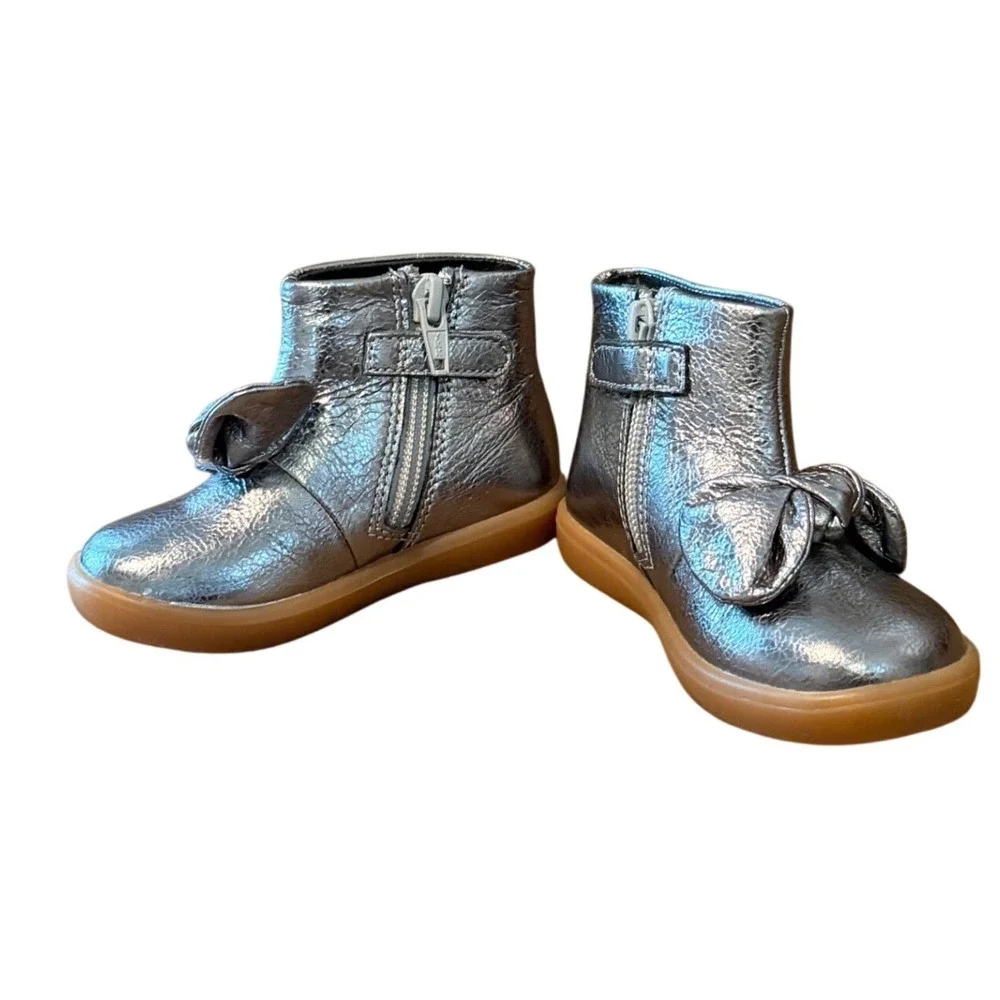 Camper Peu Cami Baby Boots Metallic Silver Leather Bow Zip EU 21 US 5.5 Toddler